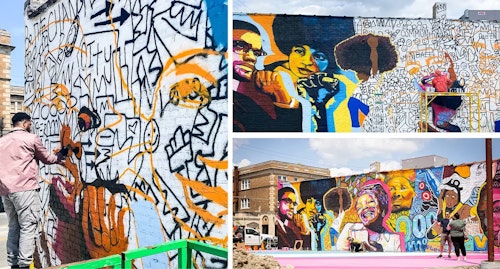 Mural depicting Black heroes, including Angela Davis, Malcolm X, Maya Angelou and superhero Storm.