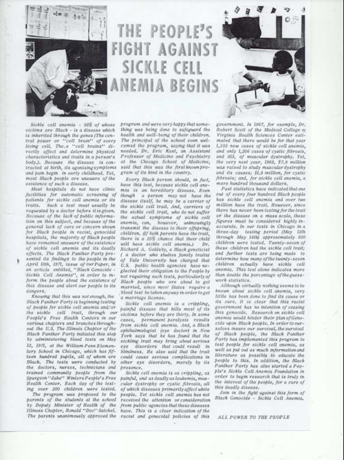 newspaper clipping of Black Panther Party Sickle Cell Testing