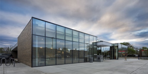 Outside of Library with glass panel walls